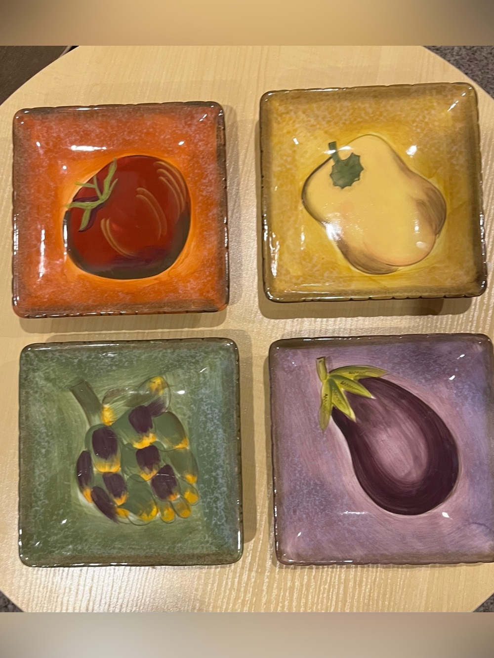 Hand-Painted Ceramic Vegetable Square Plates Tomato, Pepper, Artichoke, Eggplant